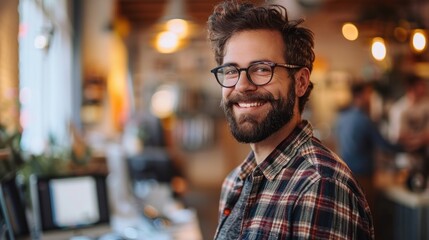 Obraz premium A smiling man with a beard and glasses stands in a coffee shop.