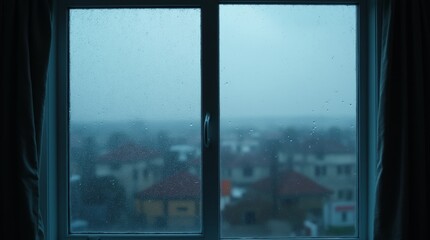Fototapeta premium image of a rainy window with a view of a gray, overcast sky, illustrating the typical ambiance of Blue Monday and evoking feelings of contemplation