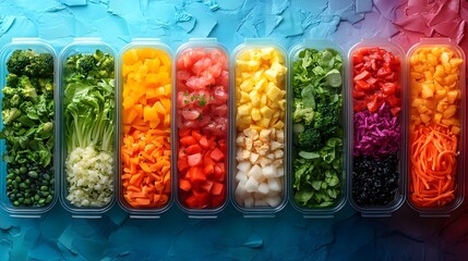 Healthy trendy meal prep lunch box containers with colorful nutritious food selection