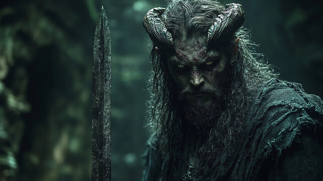 Mysterious demonic character with broken horns and scars in a dark forest atmosphere