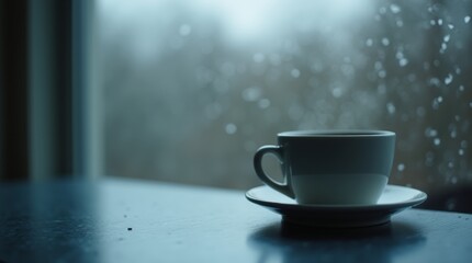 Obraz premium A close-up image of an empty coffee cup on a table, with a soft focus on a rainy window in the background, capturing the melancholic mood of Blue Monday.