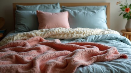 A cozy image of a neatly made bed with soft, colorful blankets, inviting a sense of comfort and warmth on a chilly Blue Monday morning.