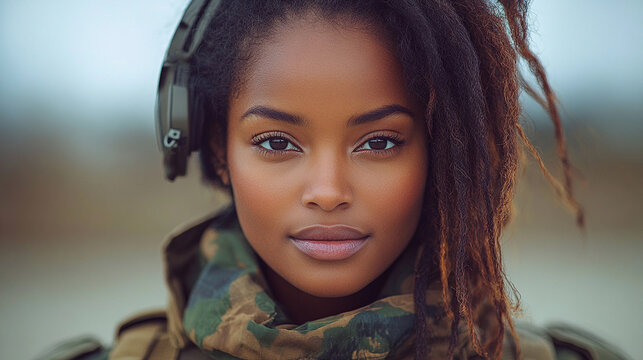 Portrait of young woman in military uniform with intense gaze