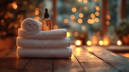 Obraz premium Spa towels and essential oils on rustic wooden table