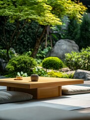 A serene garden view with a wooden table in the foreground, symbolizing tranquility, nature, relaxation, simplicity, and harmony.
