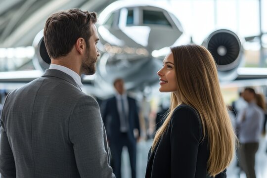 Business professionals having a conversation at an upscale airport terminal near a private jet