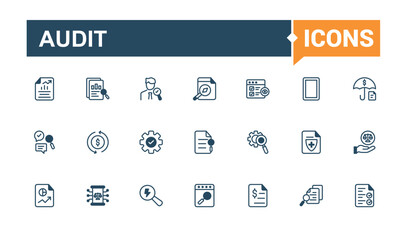 Set of Audit line icons. Featuring simple, company, tax, test, economy, set and more. Outline icon collections. Vector line and solid icons.