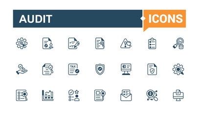 Set of Audit line icons. Featuring simple, company, tax, test, economy, set and more. Outline icon collections. Vector line and solid icons.