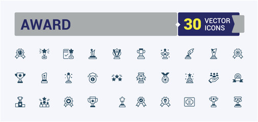 Set of Award line icons. Related to rank, achievement, best, reward, first, ribbon, award, element. Simple web icons. Editable vector outline and solid icons.