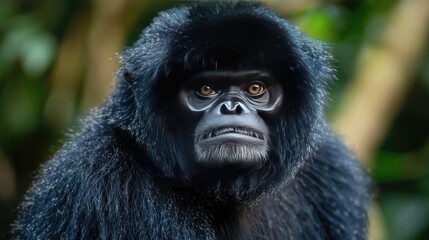 Obraz premium Intense Close-Up of a Black Gibbon with Striking Facial Features Against a Soft Green Background, Capturing Intrigue and Beauty in Nature's Wild Creatures