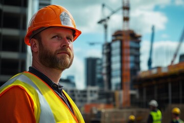 Fototapeta premium A construction worker stands proud at a busy building site. He wears an orange safety vest and hard hat. The skyline reflects his commitment. Generative AI