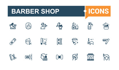 Barber Shop thin line icon set. Contains such icons as coffee, barber shop, brush, color, style, hair, flat and more. Perfect for logos and infographics. Vector line and solid icons.
