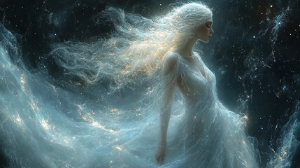 Fototapeta premium Ethereal silhouette of a woman standing amidst dramatic clouds