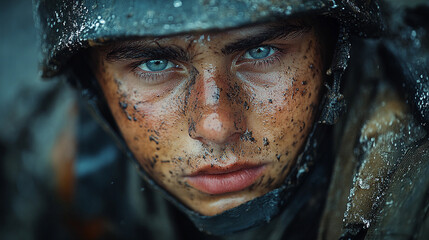 Obraz premium Close-up of determined young soldier in camouflage with piercing blue eyes