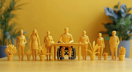 Diverse group of individuals standing in front of bold yellow background