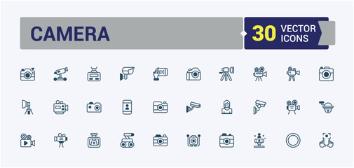 Camera icon collection. Related to Dslr, photograph, element, flash, collection, photography. Outline icons pack. Solid line editable stroke. Vector line and solid icons.
