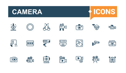 Camera linear icon collection. Featuring ui, photo, cam, internet, video, photographic and more. Minimal linear icons. Solid line editable vector illustration.