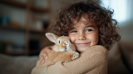 Fototapeta na wymiar Joyful child cuddling a fluffy bunny at home