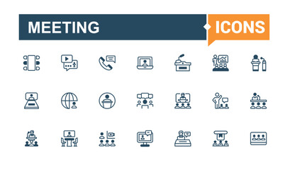Set of Conference line icons. Containing discussion, training, forum, lecture, meet, professional, meeting and more. Thin linear style icons. Vector outline and solid icons collection.