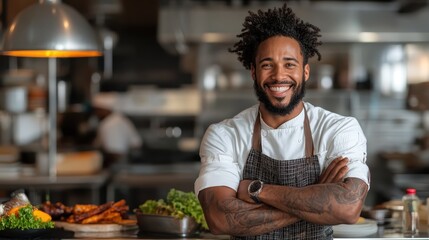 A cheerful chef stands confidently with arms crossed, surrounded by fresh ingredients and kitchen activity, showcasing culinary passion and expertise.