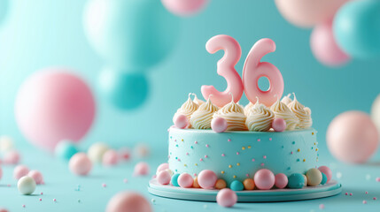 Festive birthday cake with pastel decorations and number 36