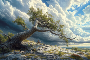 Fototapeta premium A lone tree on top of a rocky hill under a cloudy sky