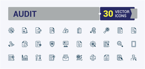Audit thin line icon set. Featuring financial, economy, tax, asset, accountant and more. Collection for mobile and web apps. Vector outline and solid icons collection.