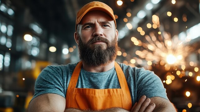 A strong, bearded man wearing an orange apron stands confidently in a workshop, arms crossed, surrounded by sparks, embodying strength and craftsmanship.