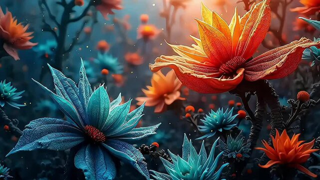 fantasy background with fiery and bright flowers
