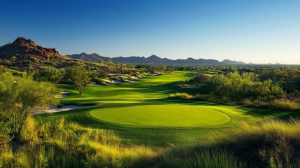 Obraz premium A stunning view of a lush green golf course set against a backdrop of majestic mountains and a clear blue sky. The course is well-maintained and inviting, with rolling hills and natural features that