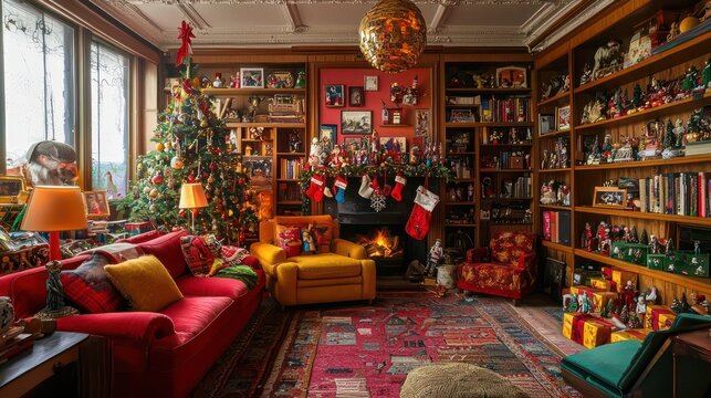 Living room decorated with memorabilia from famous Christmas movies