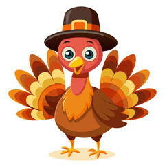 Thanksgiving Turkey Cartoon in Pilgrim Hat. festive element, cute style, bright colors, isolated on a white background