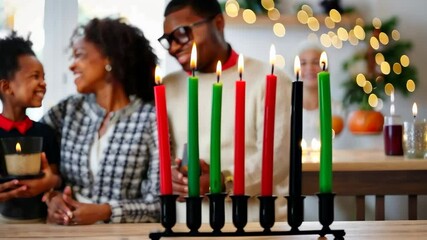 Kwanzaa African American holiday candles kinara with family celebrating harvest festival on background. Close-up of culture traditional decorations. Symbols of the seven principles