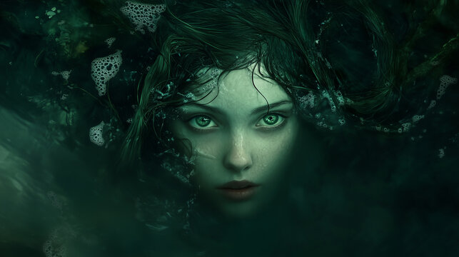 Rusalka, the water spirit, with flowing green hair and eyes reflecting moonlight, emerging from a dark lake