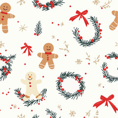 Seamless vector of Christmas wreaths and gingerbread