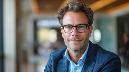 Obraz premium A confident man in a blue blazer and glasses looks directly at the camera with a subtle smile.