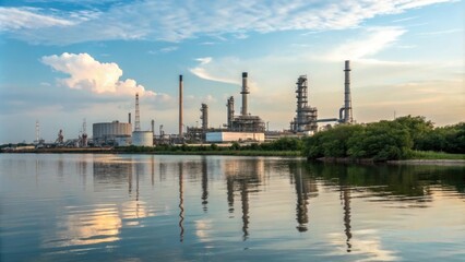 Industrial refinery reflecting on serene water surface