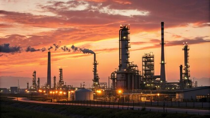Fototapeta premium Industrial skyline at sunset with smokestacks and machinery