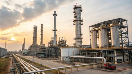 Fototapeta premium Industrial complex at sunset with towering structures and pipelines