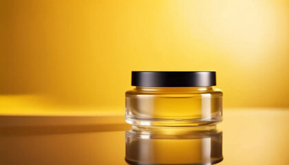 Little yellow glass jar for face cream on yellow background, ai