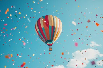 Obraz premium A vibrant hot air balloon ascends into a clear blue sky, surrounded by a flurry of colorful confetti symbolizing celebration, joy, new beginnings, and dreams taking flight.