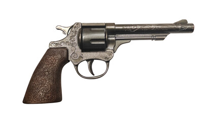 Vintage cowboy revolver with patterned grip is isolated on a white background. Firearm vintage gun.