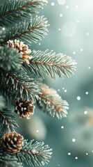 Pastel green christmas background with bokeh and pine branch frame