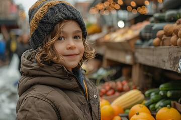 A child with curly hair, wearing a cozy hat, stands in front of a market stall brimming with fresh vegetables and fruits on a chilly day. The atmosphere is lively and inviting