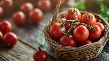 Basket of fresh red tomatoes on a rustic wooden table