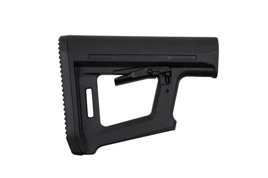 Black adjustable rifle stock, commonly used in firearms for stability and comfort, featuring a textured buttplate and a lever for length adjustment. Isolate on white back