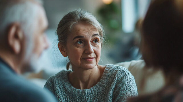 Elderly woman engrossed in a group therapy session, receiving empathy and encouragement