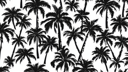 Black and white silhouette palm tree pattern, perfect for tropical themed designs, representing relaxation, vacation, and the beauty of nature.