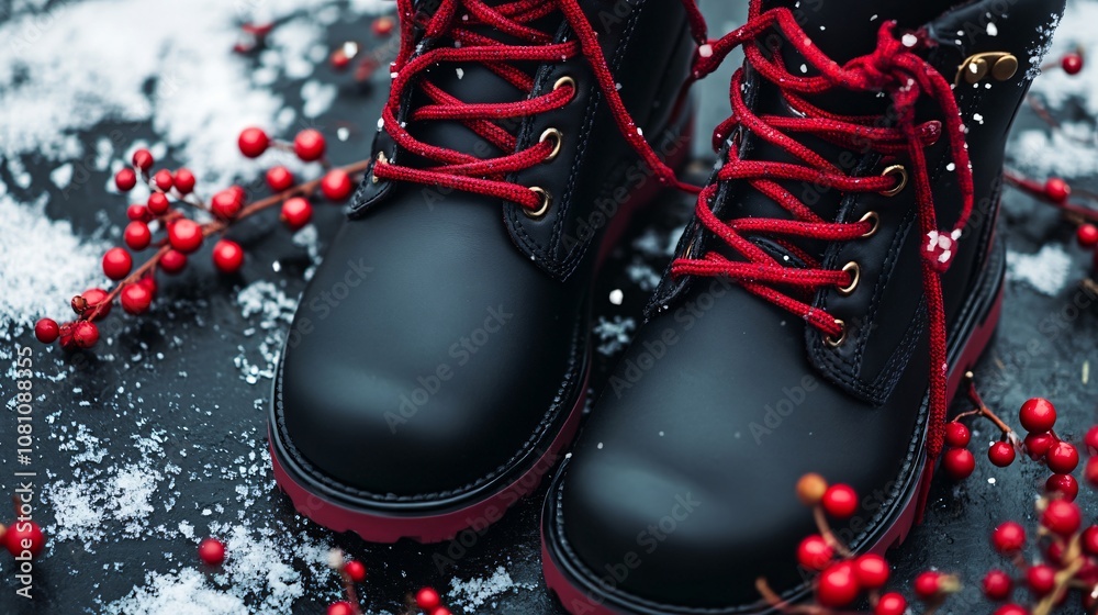 Wall mural High-top black leather boots with red laces, isolated with subtle snowflakes and festive red berries