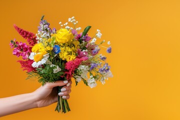 Vibrant bouquet of mixed flowers held in a hand against a yellow background, showcasing bright colors and a playful, cheerful floral arrangement perfect for celebration themes.